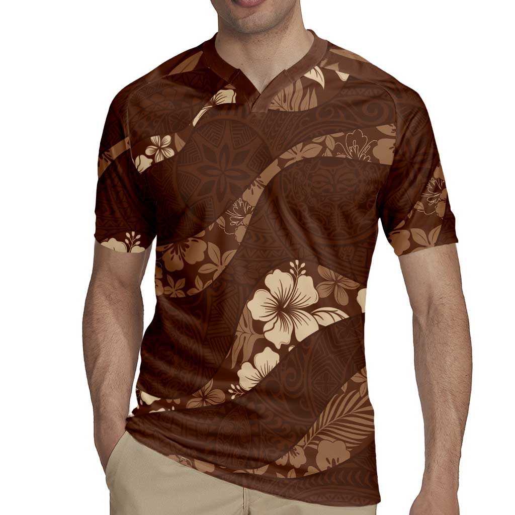 Aloha Hawaii Floral Tapa Rugby Jersey Patchwork Mocha LT7 - Polynesian Pride