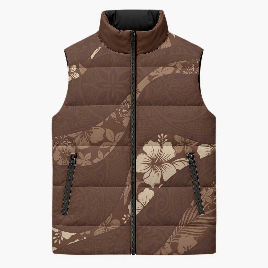 Aloha Hawaii Floral Tapa Sleeveless Puffer Jacket Patchwork Mocha LT7 Unisex Mocha - Polynesian Pride