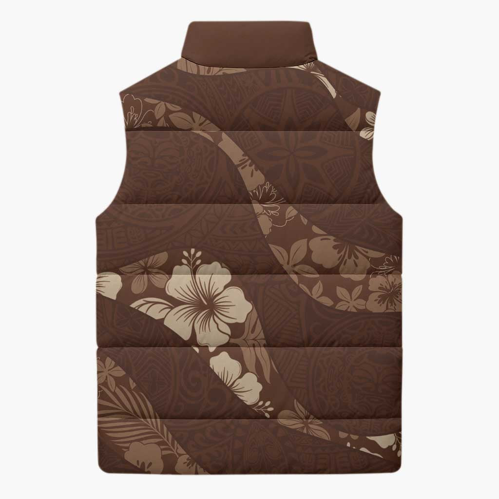 Aloha Hawaii Floral Tapa Sleeveless Puffer Jacket Patchwork Mocha LT7 - Polynesian Pride