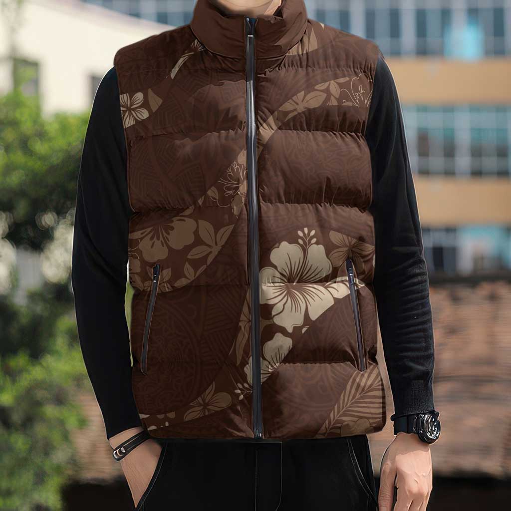 Aloha Hawaii Floral Tapa Sleeveless Puffer Jacket Patchwork Mocha LT7 - Polynesian Pride
