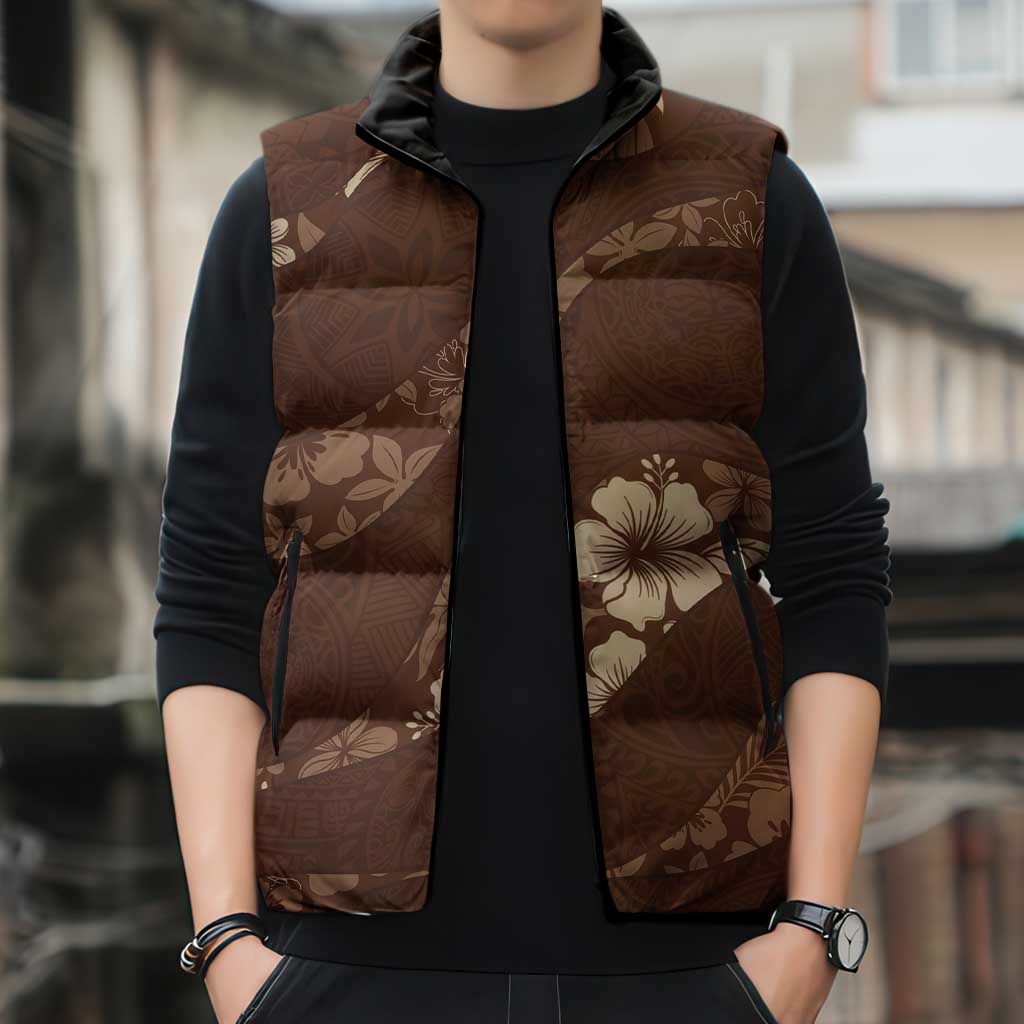 Aloha Hawaii Floral Tapa Sleeveless Puffer Jacket Patchwork Mocha LT7 - Polynesian Pride