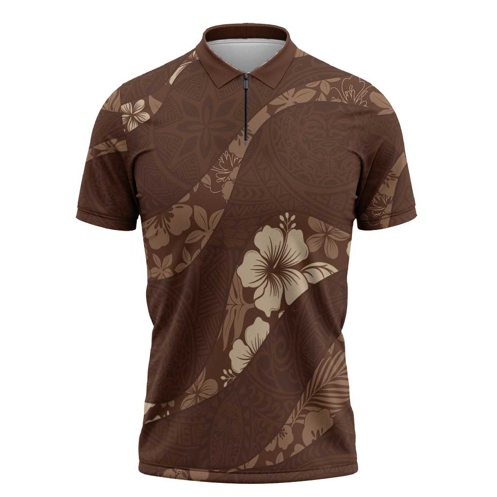 Aloha Hawaii Floral Tapa Zipper Polo Shirt Patchwork Mocha LT7 Mocha - Polynesian Pride