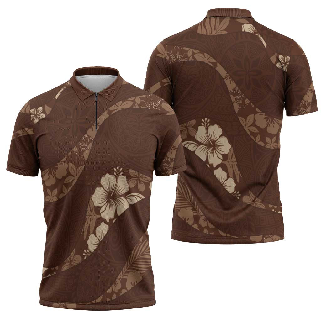 Aloha Hawaii Floral Tapa Zipper Polo Shirt Patchwork Mocha LT7 - Polynesian Pride