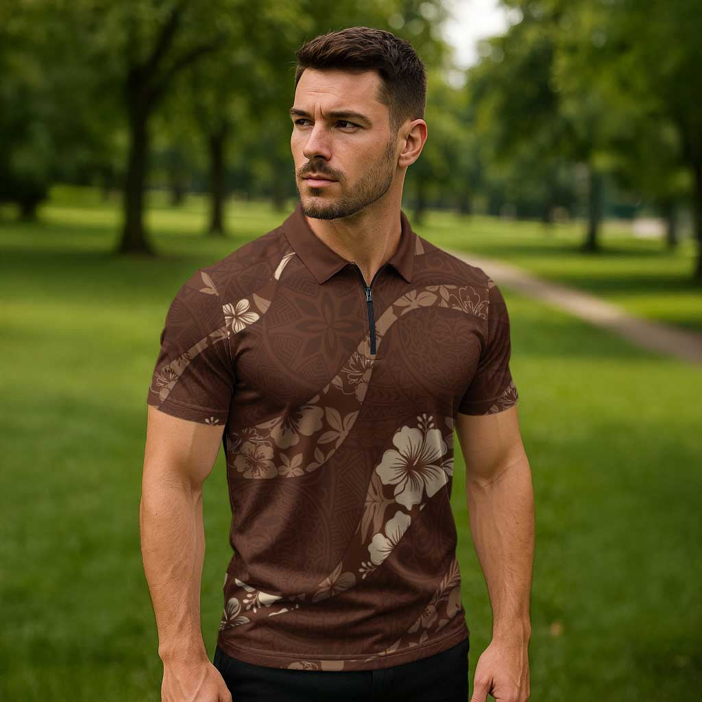 Aloha Hawaii Floral Tapa Zipper Polo Shirt Patchwork Mocha LT7 - Polynesian Pride