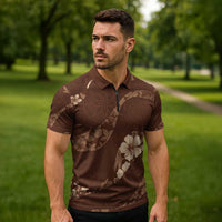 Aloha Hawaii Floral Tapa Zipper Polo Shirt Patchwork Mocha LT7 - Polynesian Pride