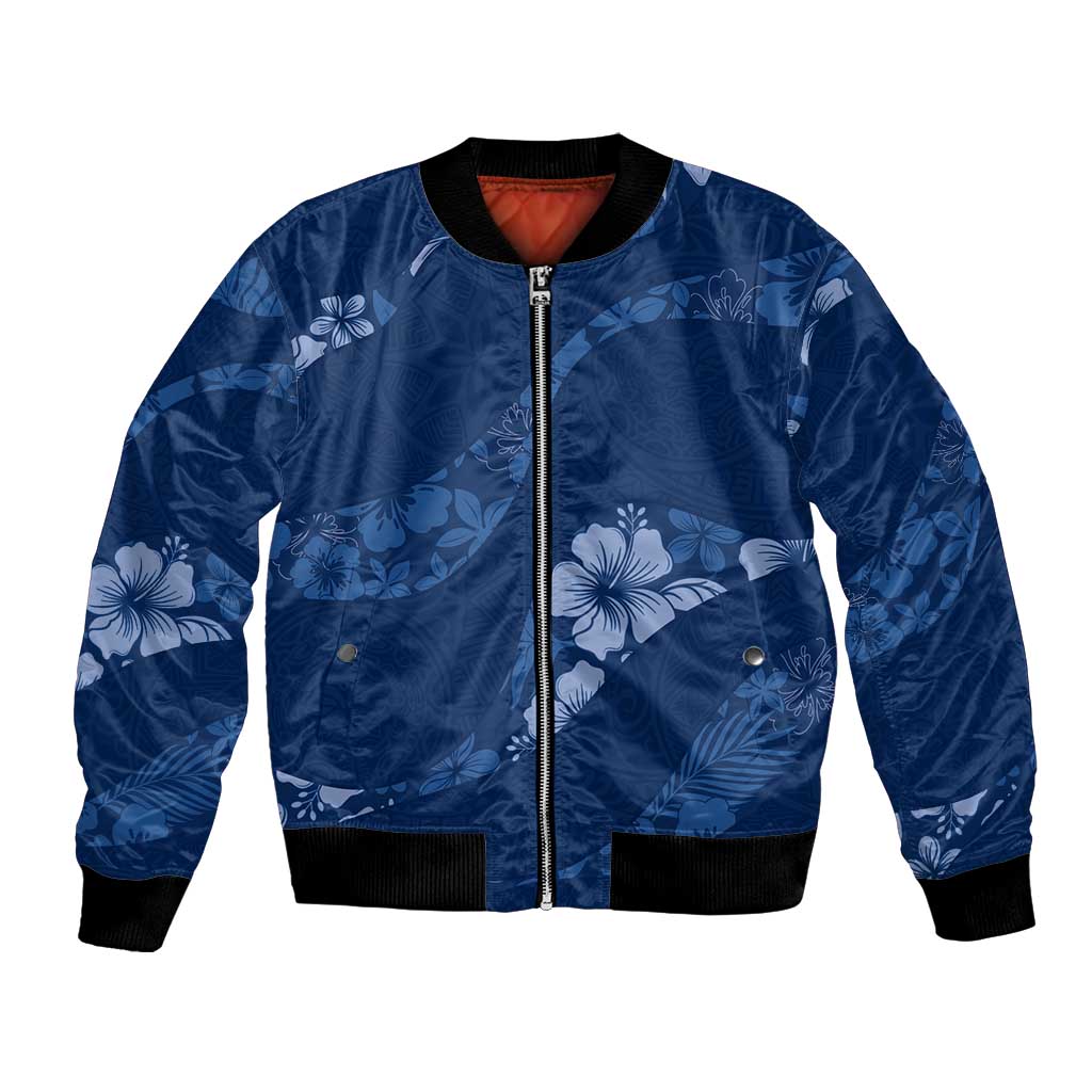 Aloha Hawaii Floral Tapa Bomber Jacket Patchwork Navy - Polynesian Pride
