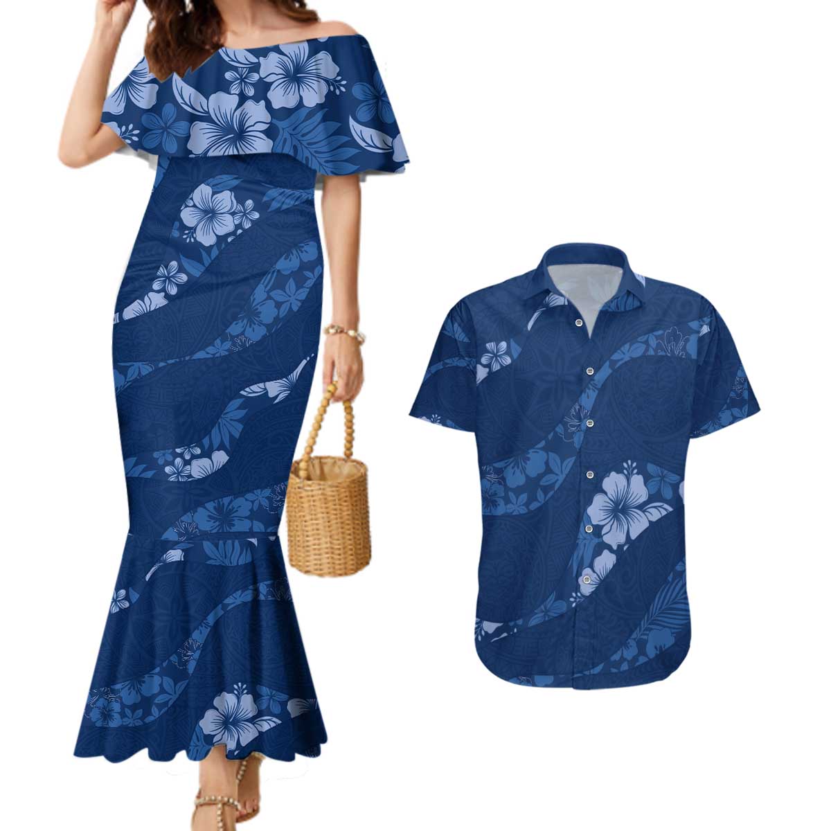 Aloha Hawaii Floral Tapa Couples Matching Mermaid Dress and Hawaiian Shirt Patchwork Navy - Polynesian Pride