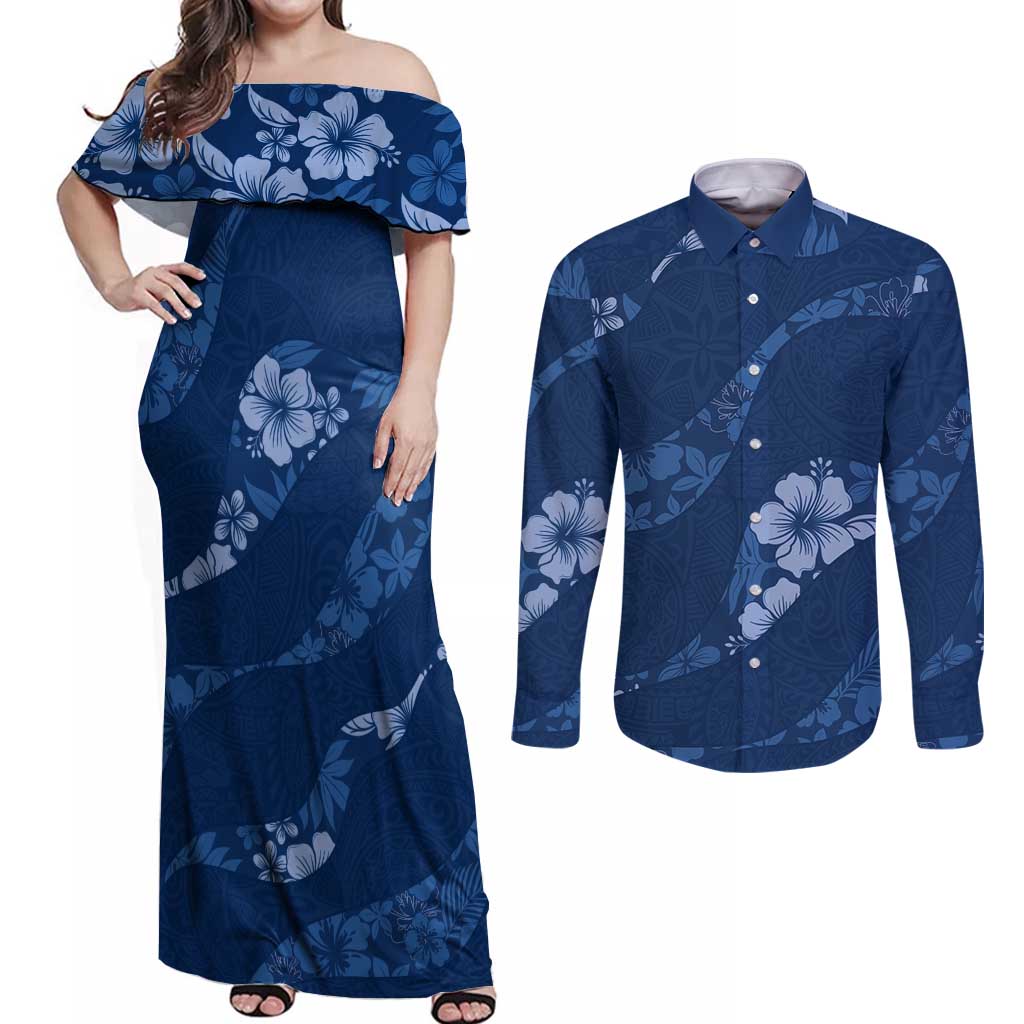 Aloha Hawaii Floral Tapa Couples Matching Off Shoulder Maxi Dress and Long Sleeve Button Shirt Patchwork Navy - Polynesian Pride