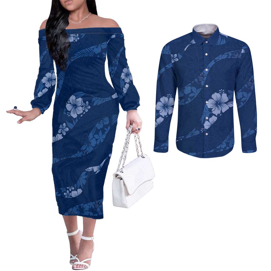 Aloha Hawaii Floral Tapa Couples Matching Off The Shoulder Long Sleeve Dress and Long Sleeve Button Shirt Patchwork Navy - Polynesian Pride