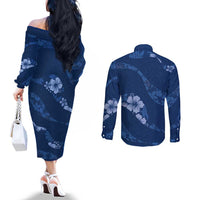 Aloha Hawaii Floral Tapa Couples Matching Off The Shoulder Long Sleeve Dress and Long Sleeve Button Shirt Patchwork Navy - Polynesian Pride