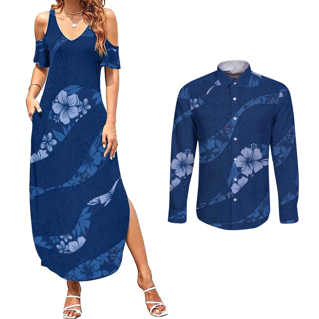 Aloha Hawaii Floral Tapa Couples Matching Summer Maxi Dress and Long Sleeve Button Shirt Patchwork Navy - Polynesian Pride