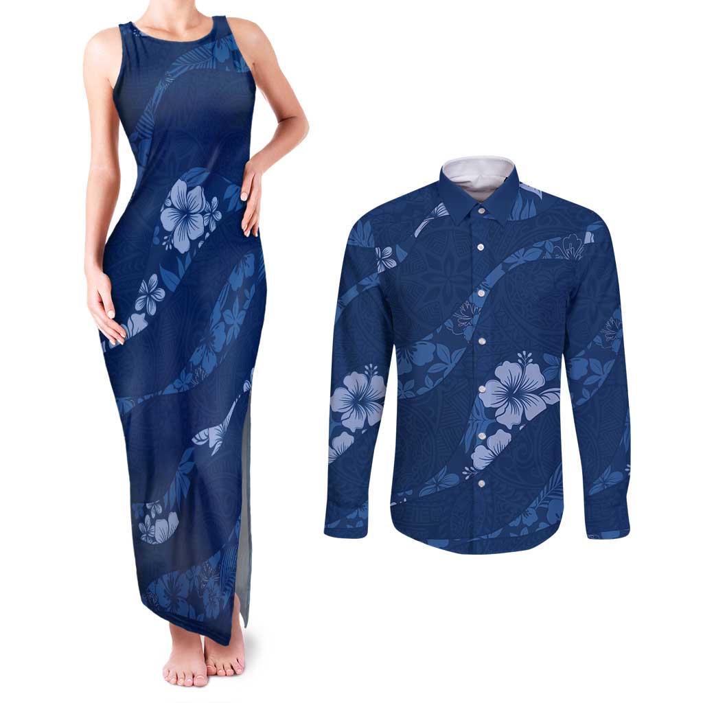 Aloha Hawaii Floral Tapa Couples Matching Tank Maxi Dress and Long Sleeve Button Shirt Patchwork Navy - Polynesian Pride