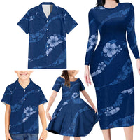 Aloha Hawaii Floral Tapa Family Matching Long Sleeve Bodycon Dress and Hawaiian Shirt Patchwork Navy LT7 - Polynesian Pride