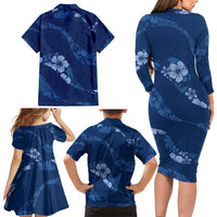 Aloha Hawaii Floral Tapa Family Matching Long Sleeve Bodycon Dress and Hawaiian Shirt Patchwork Navy LT7 - Polynesian Pride