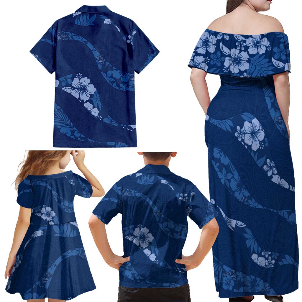 Aloha Hawaii Floral Tapa Family Matching Off Shoulder Maxi Dress and Hawaiian Shirt Patchwork Navy - Polynesian Pride