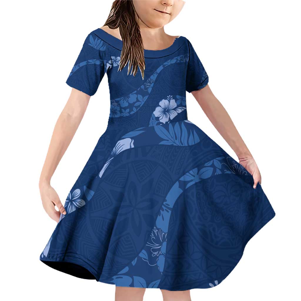 Aloha Hawaii Floral Tapa Family Matching Off Shoulder Short Dress and Hawaiian Shirt Patchwork Navy - Polynesian Pride