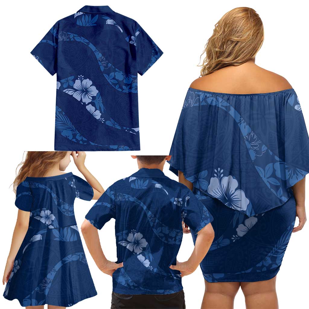 Aloha Hawaii Floral Tapa Family Matching Off Shoulder Short Dress and Hawaiian Shirt Patchwork Navy - Polynesian Pride