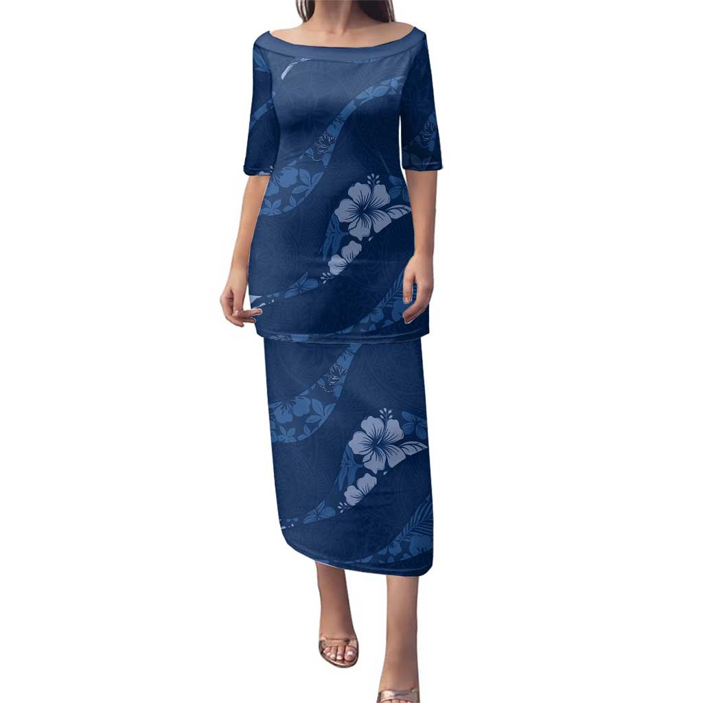 Aloha Hawaii Floral Tapa Family Matching Puletasi and Hawaiian Shirt Patchwork Navy - Polynesian Pride