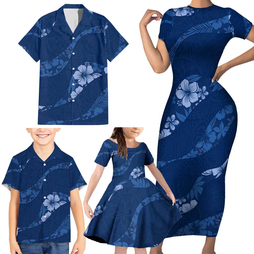 Aloha Hawaii Floral Tapa Family Matching Short Sleeve Bodycon Dress and Hawaiian Shirt Patchwork Navy LT7 - Polynesian Pride