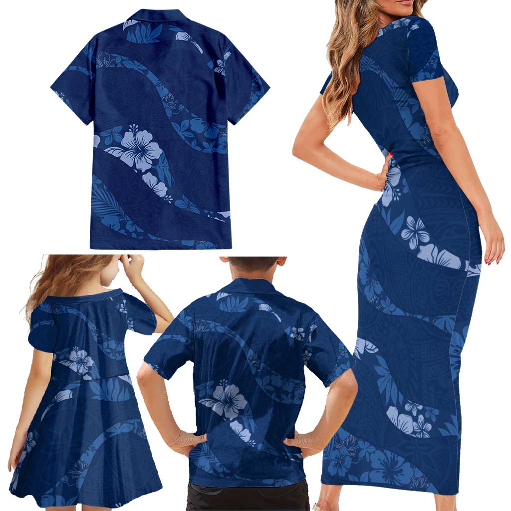 Aloha Hawaii Floral Tapa Family Matching Short Sleeve Bodycon Dress and Hawaiian Shirt Patchwork Navy LT7 - Polynesian Pride