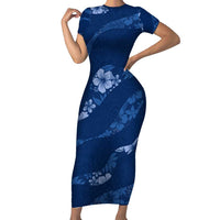 Aloha Hawaii Floral Tapa Family Matching Short Sleeve Bodycon Dress and Hawaiian Shirt Patchwork Navy LT7 Mom's Dress Navy - Polynesian Pride