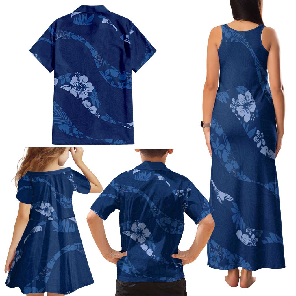 Aloha Hawaii Floral Tapa Family Matching Tank Maxi Dress and Hawaiian Shirt Patchwork Navy - Polynesian Pride