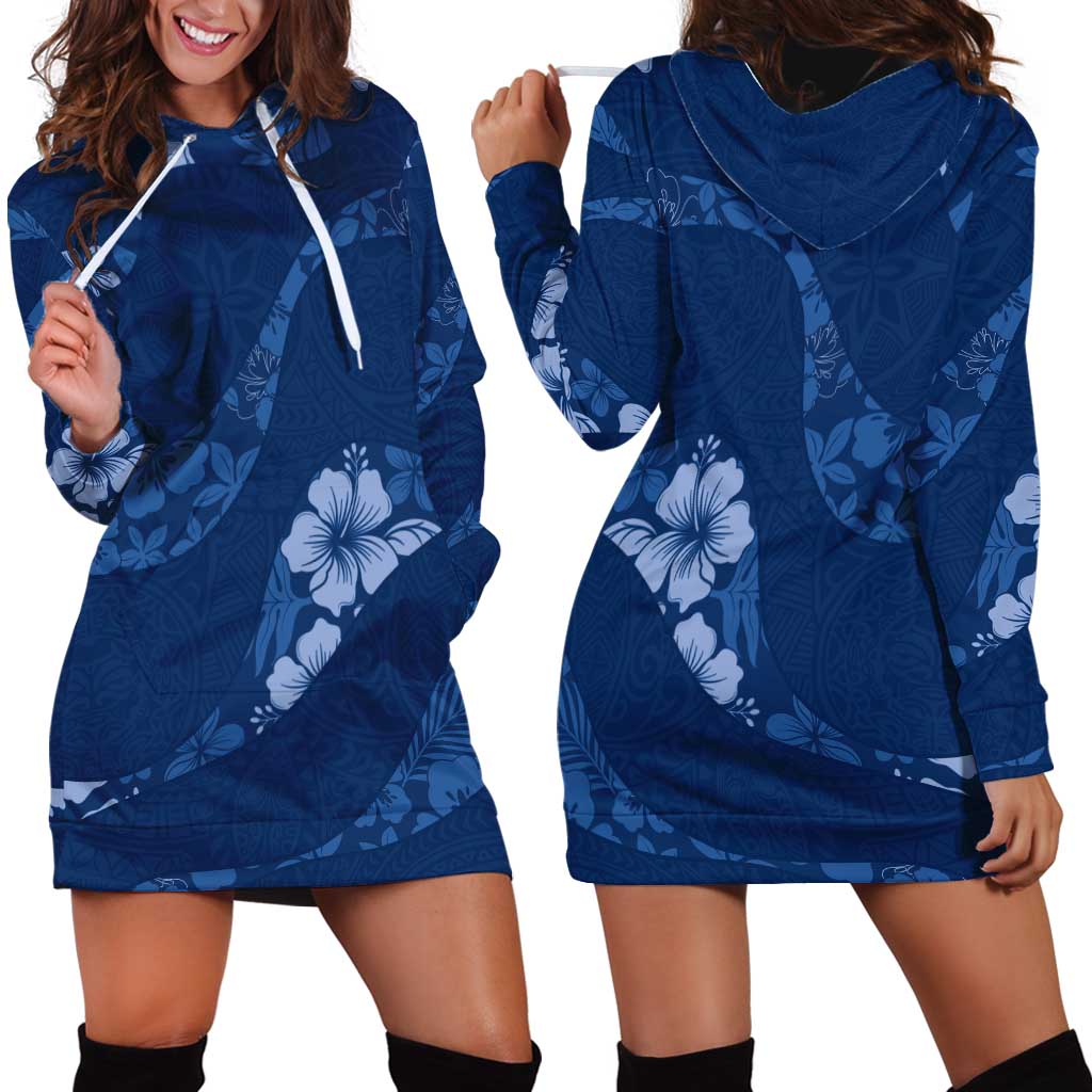 Aloha Hawaii Floral Tapa Hoodie Dress Patchwork Navy - Polynesian Pride