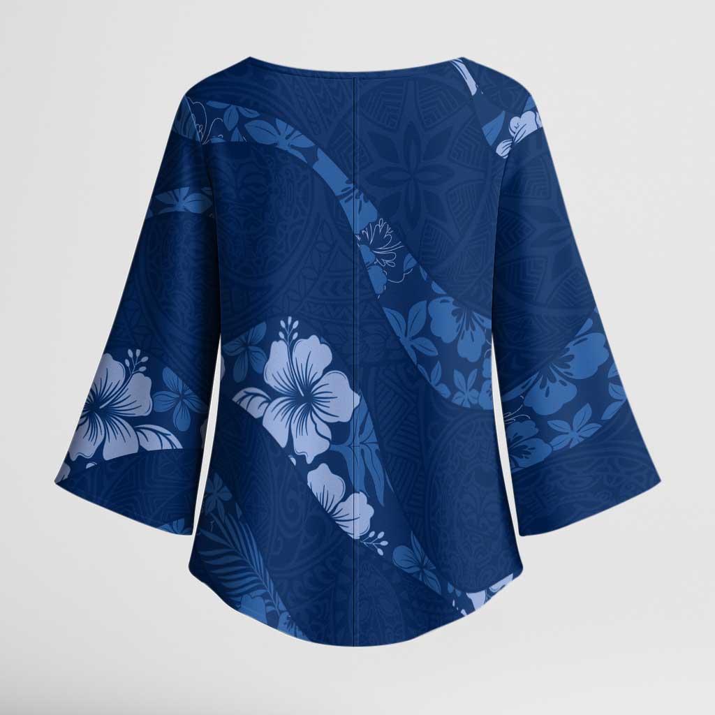 Aloha Hawaii Floral Tapa Kimono Sleeve Blouse Patchwork Navy - Polynesian Pride