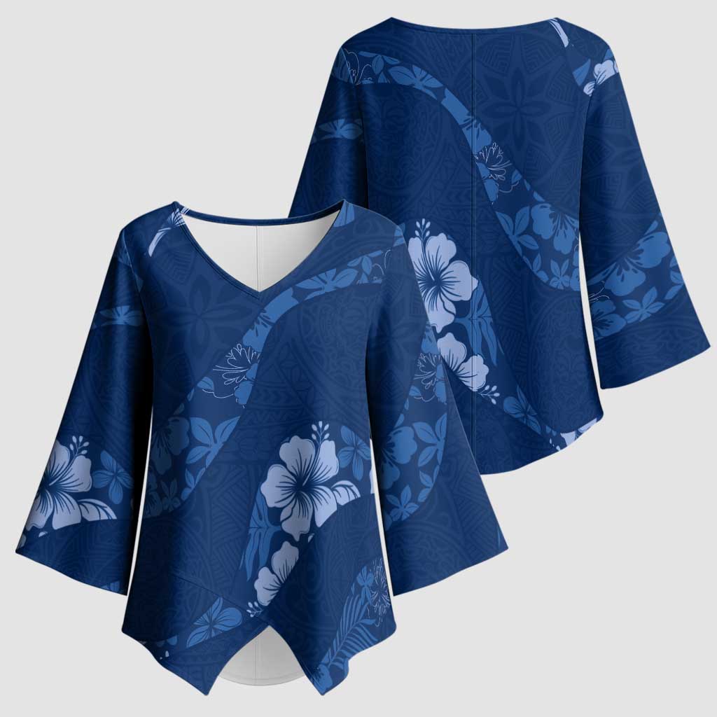Aloha Hawaii Floral Tapa Kimono Sleeve Blouse Patchwork Navy - Polynesian Pride