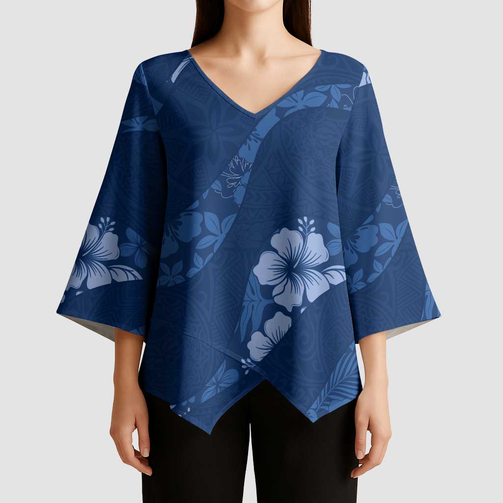 Aloha Hawaii Floral Tapa Kimono Sleeve Blouse Patchwork Navy - Polynesian Pride