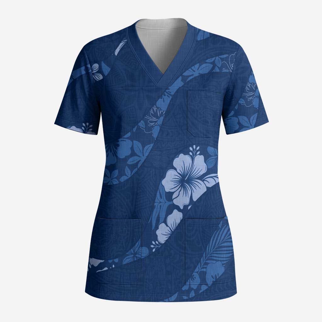 Aloha Hawaii Floral Tapa Scrub Top Patchwork Navy - Polynesian Pride