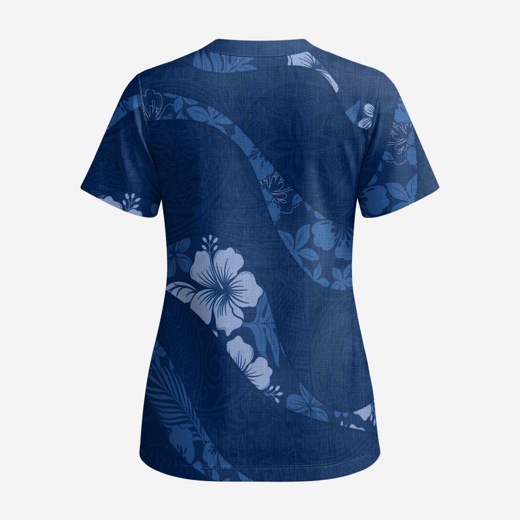 Aloha Hawaii Floral Tapa Scrub Top Patchwork Navy - Polynesian Pride