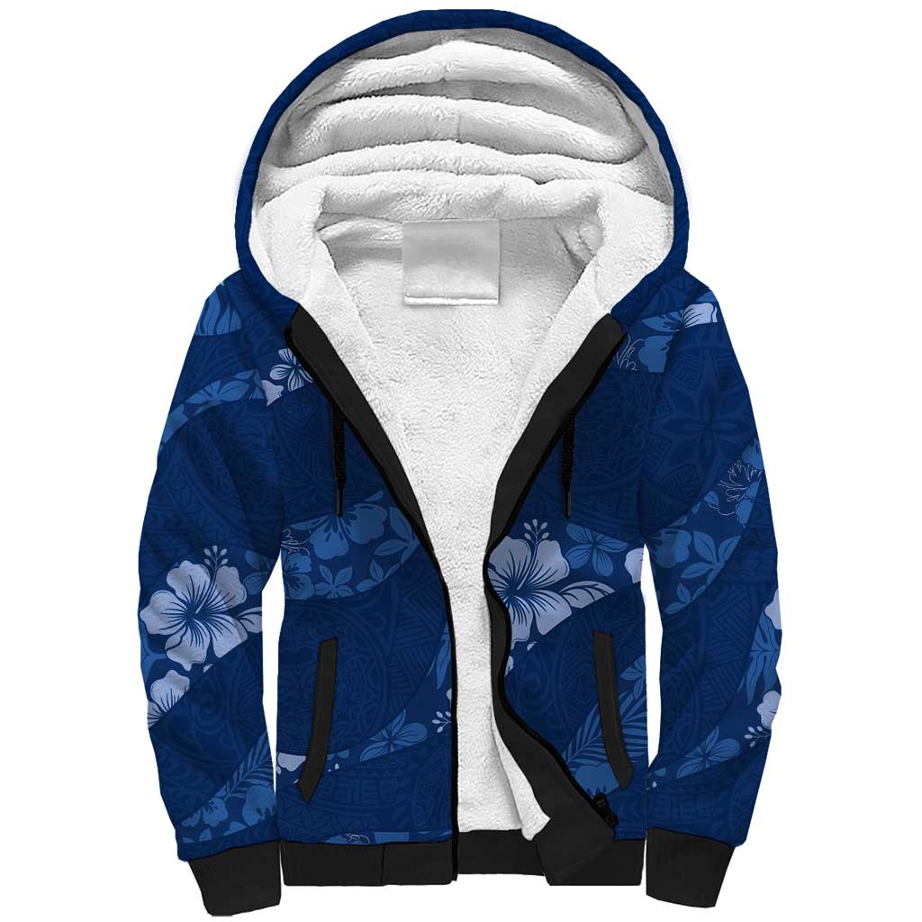 Aloha Hawaii Floral Tapa Sherpa Hoodie Patchwork Navy - Polynesian Pride