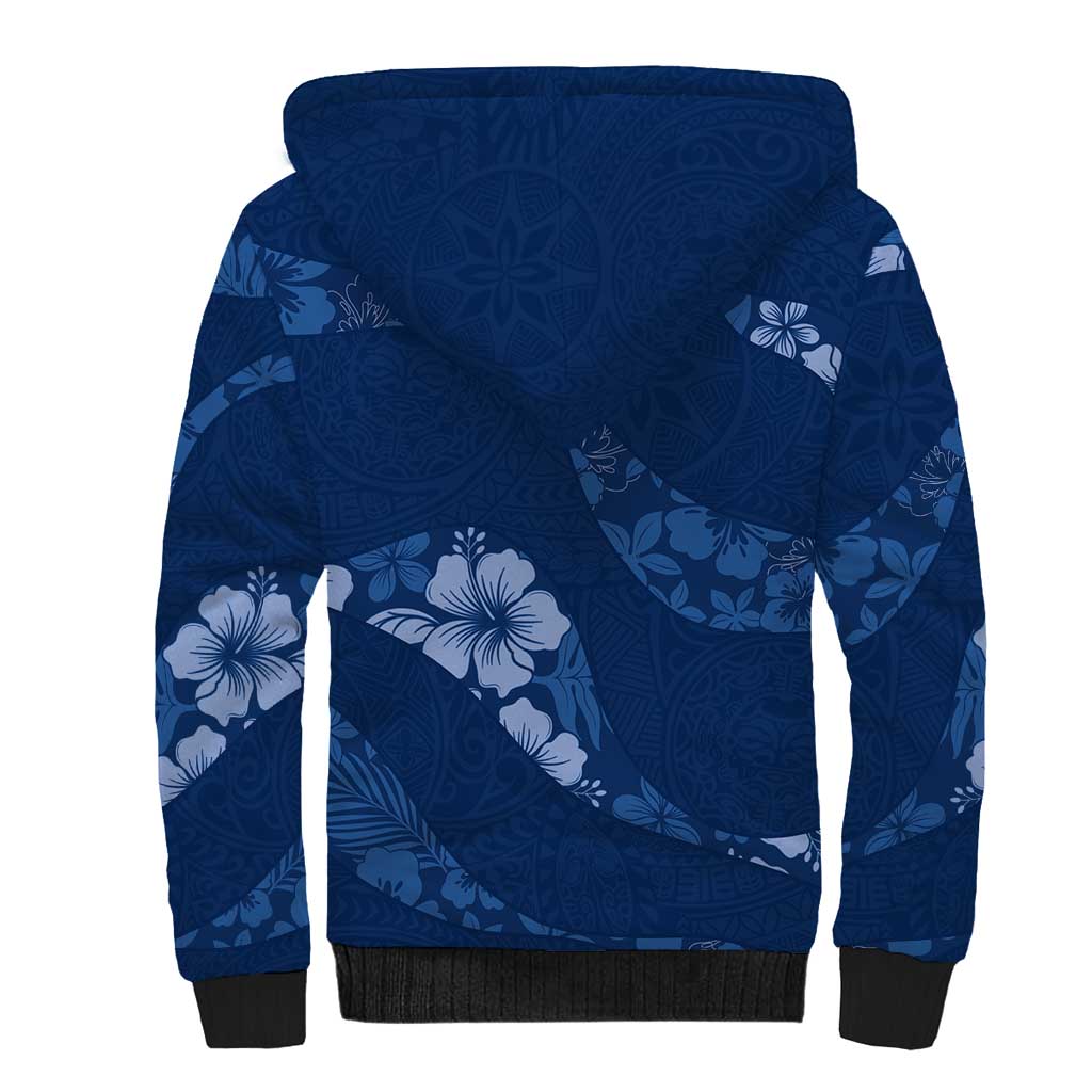 Aloha Hawaii Floral Tapa Sherpa Hoodie Patchwork Navy - Polynesian Pride