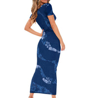 Aloha Hawaii Floral Tapa Short Sleeve Bodycon Dress Patchwork Navy LT7 - Polynesian Pride