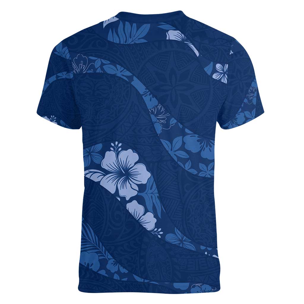 Aloha Hawaii Floral Tapa Women V-Neck T-Shirt Patchwork Navy - Polynesian Pride