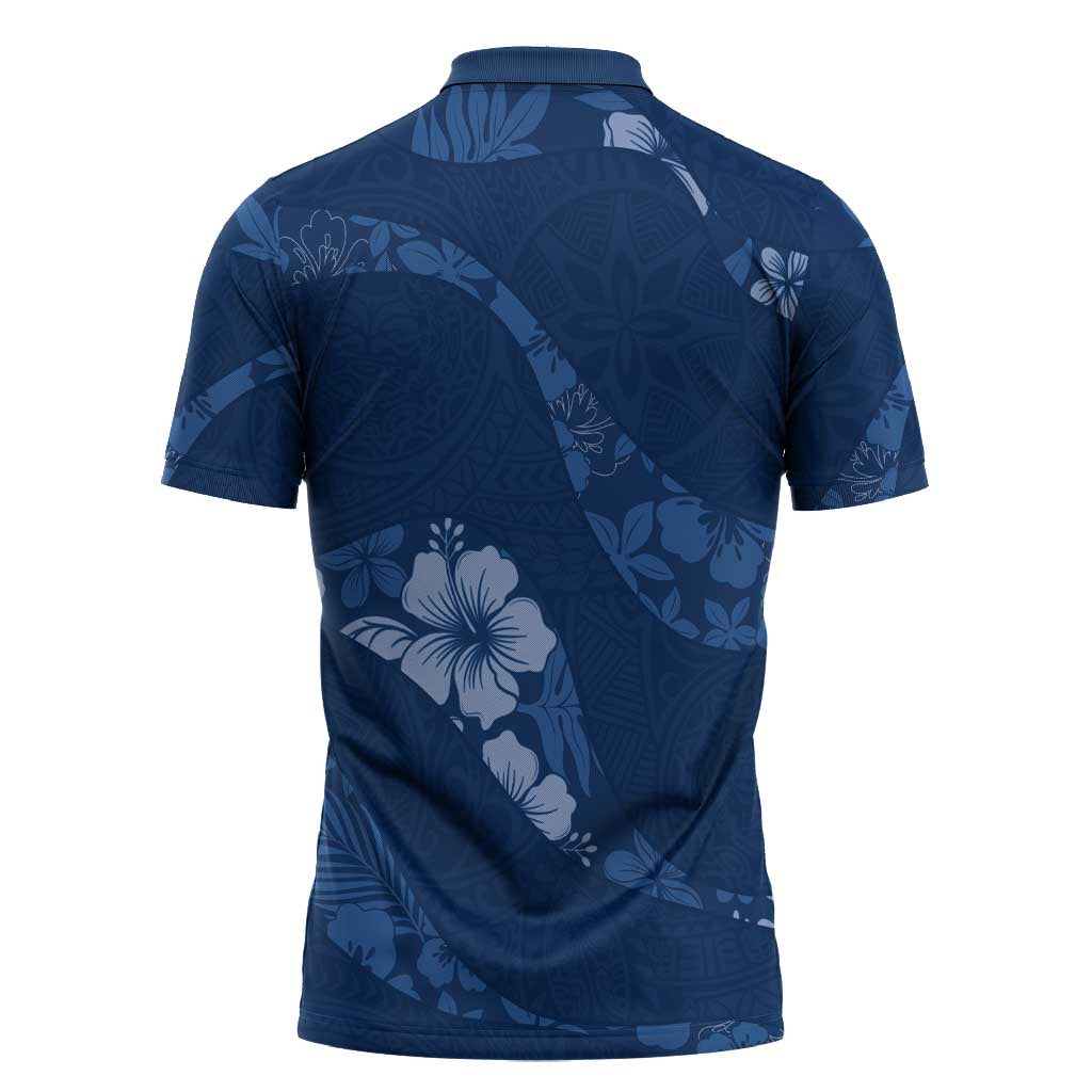 Aloha Hawaii Floral Tapa Zipper Polo Shirt Patchwork Navy LT7 - Polynesian Pride