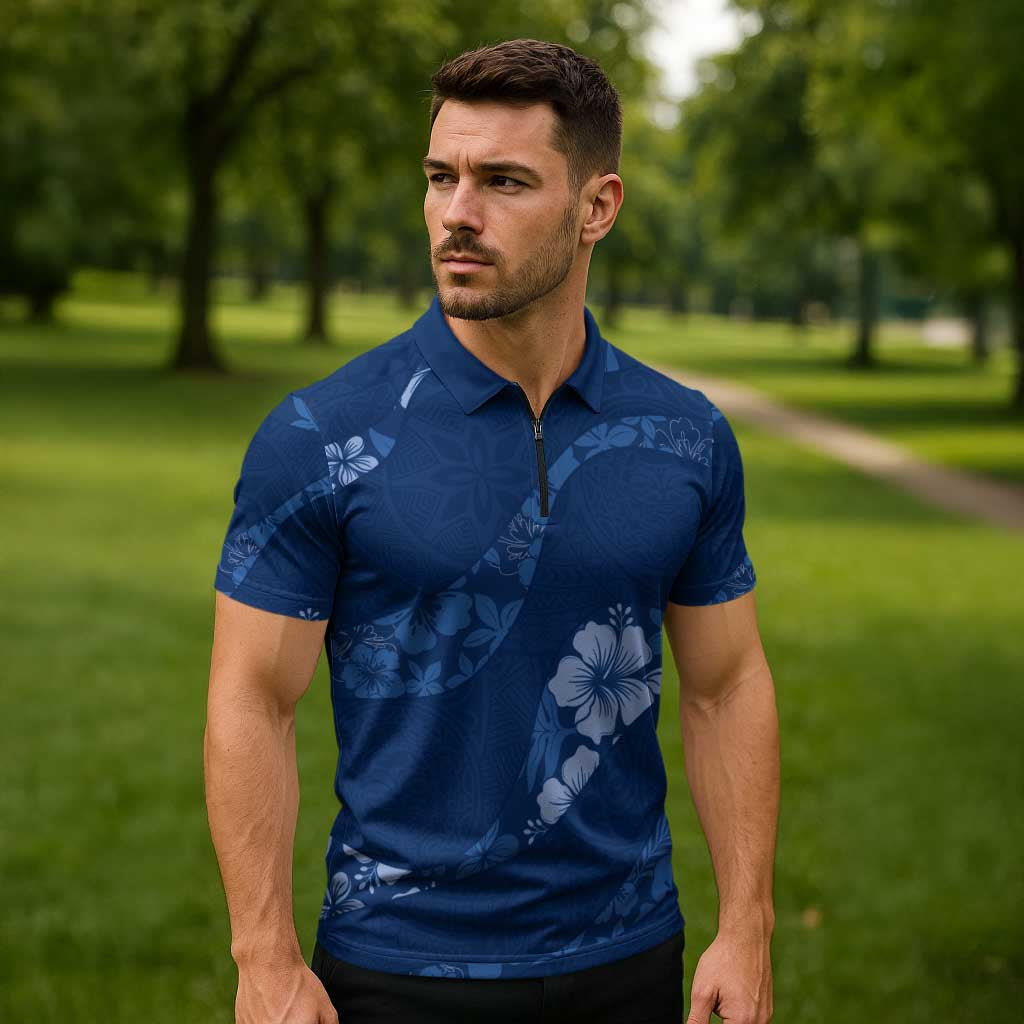 Aloha Hawaii Floral Tapa Zipper Polo Shirt Patchwork Navy LT7 - Polynesian Pride