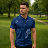 Aloha Hawaii Floral Tapa Zipper Polo Shirt Patchwork Navy LT7 - Polynesian Pride