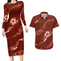 Aloha Hawaii Floral Tapa Couples Matching Long Sleeve Bodycon Dress and Hawaiian Shirt Patchwork Crimson - Polynesian Pride
