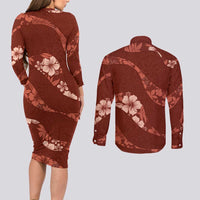 Aloha Hawaii Floral Tapa Couples Matching Long Sleeve Bodycon Dress and Long Sleeve Button Shirt Patchwork Crimson - Polynesian Pride