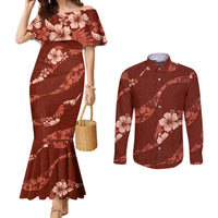 Aloha Hawaii Floral Tapa Couples Matching Mermaid Dress and Long Sleeve Button Shirt Patchwork Crimson - Polynesian Pride