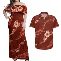 Aloha Hawaii Floral Tapa Couples Matching Off Shoulder Maxi Dress and Hawaiian Shirt Patchwork Crimson - Polynesian Pride