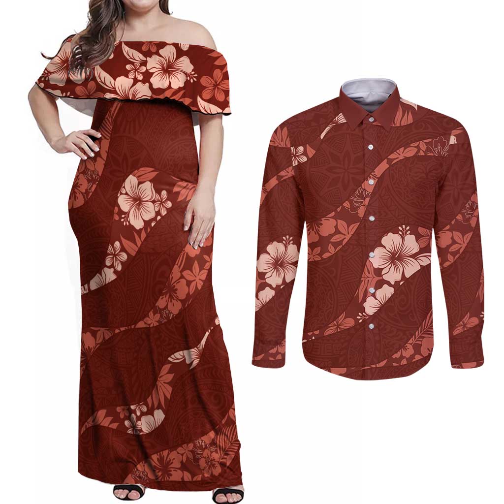 Aloha Hawaii Floral Tapa Couples Matching Off Shoulder Maxi Dress and Long Sleeve Button Shirt Patchwork Crimson - Polynesian Pride