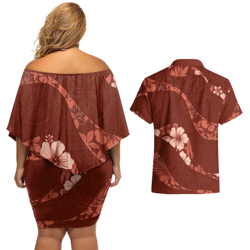 Aloha Hawaii Floral Tapa Couples Matching Off Shoulder Short Dress and Hawaiian Shirt Patchwork Crimson - Polynesian Pride