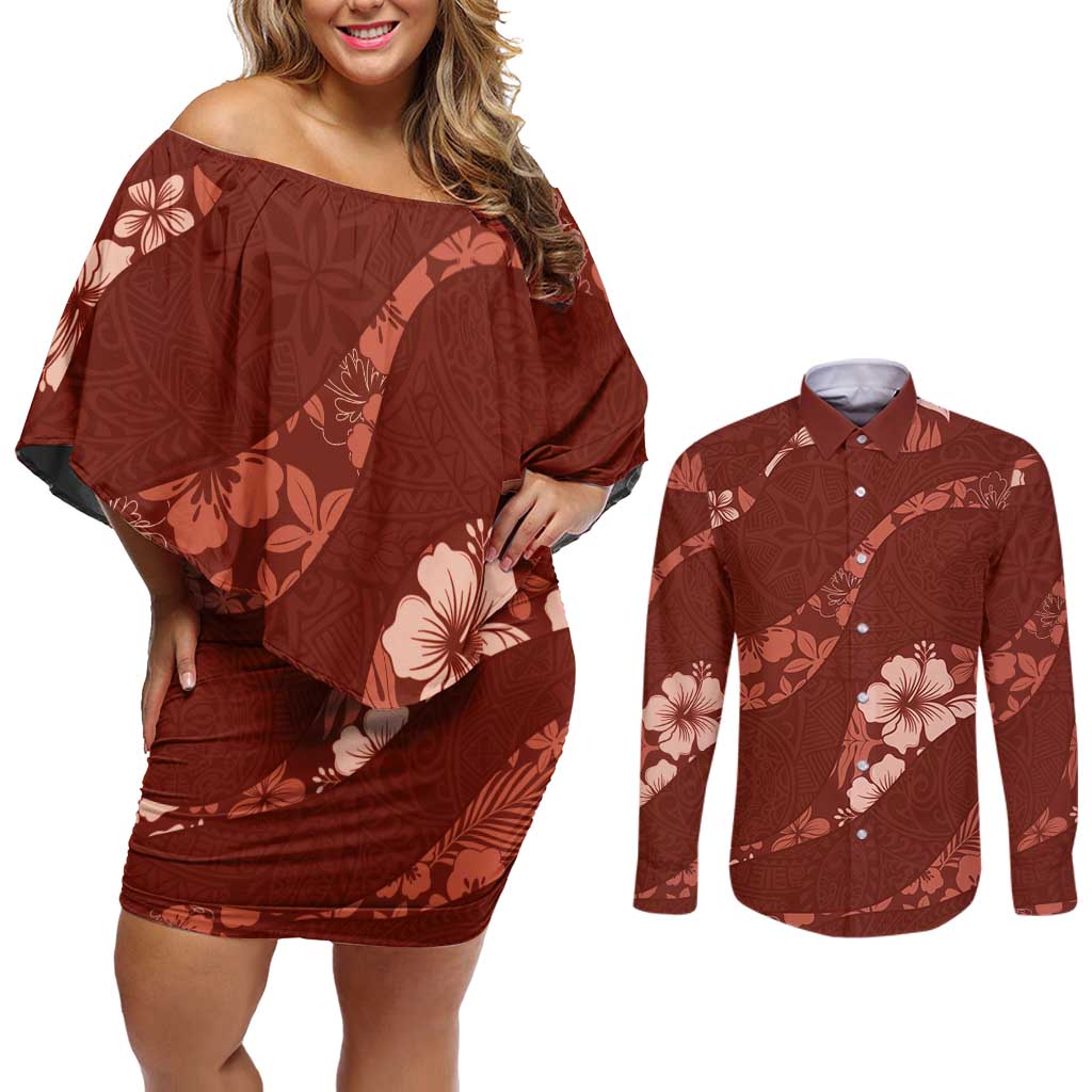 Aloha Hawaii Floral Tapa Couples Matching Off Shoulder Short Dress and Long Sleeve Button Shirt Patchwork Crimson - Polynesian Pride