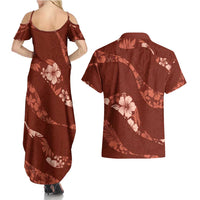 Aloha Hawaii Floral Tapa Couples Matching Summer Maxi Dress and Hawaiian Shirt Patchwork Crimson - Polynesian Pride