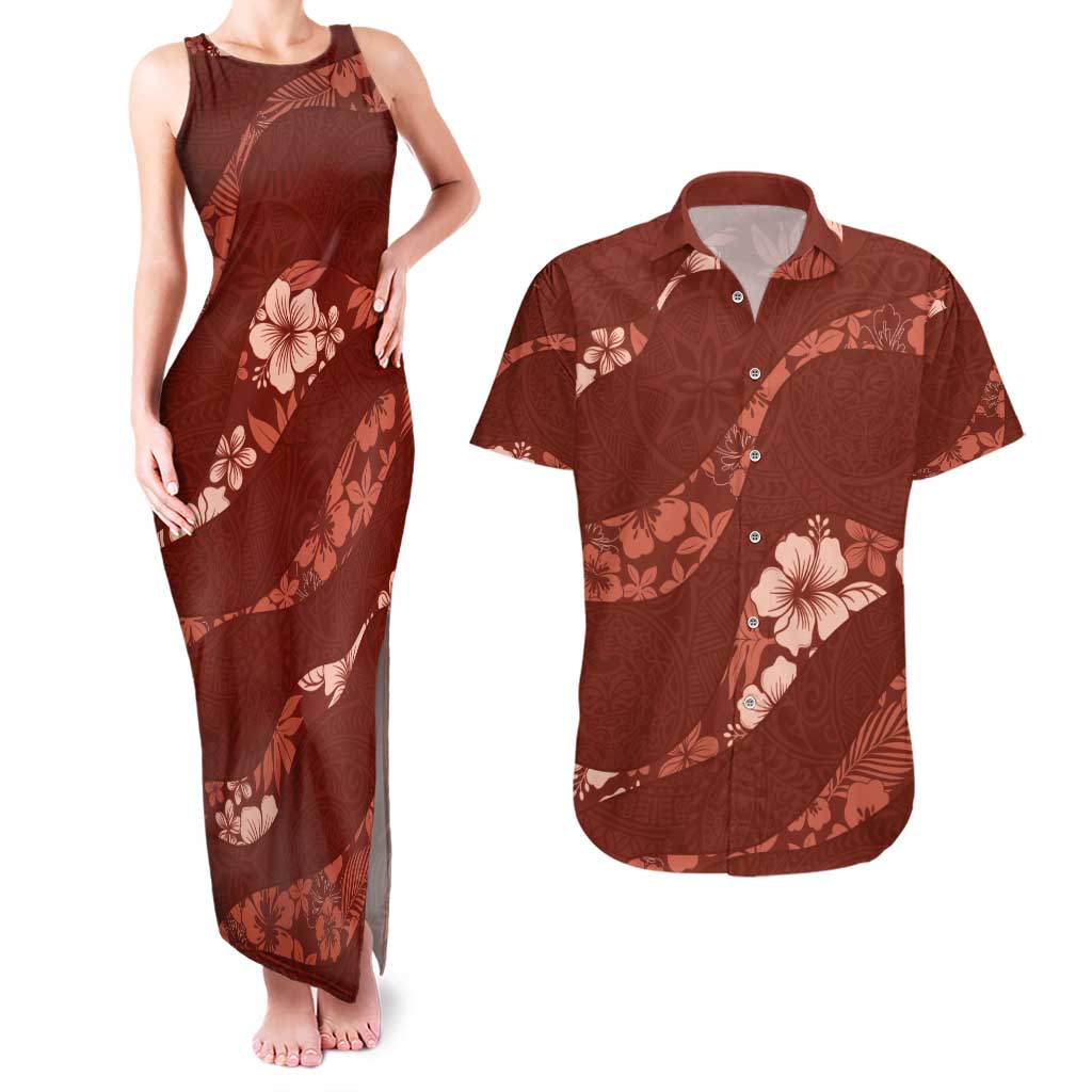 Aloha Hawaii Floral Tapa Couples Matching Tank Maxi Dress and Hawaiian Shirt Patchwork Crimson - Polynesian Pride