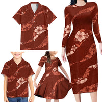 Aloha Hawaii Floral Tapa Family Matching Long Sleeve Bodycon Dress and Hawaiian Shirt Patchwork Crimson LT7 - Polynesian Pride