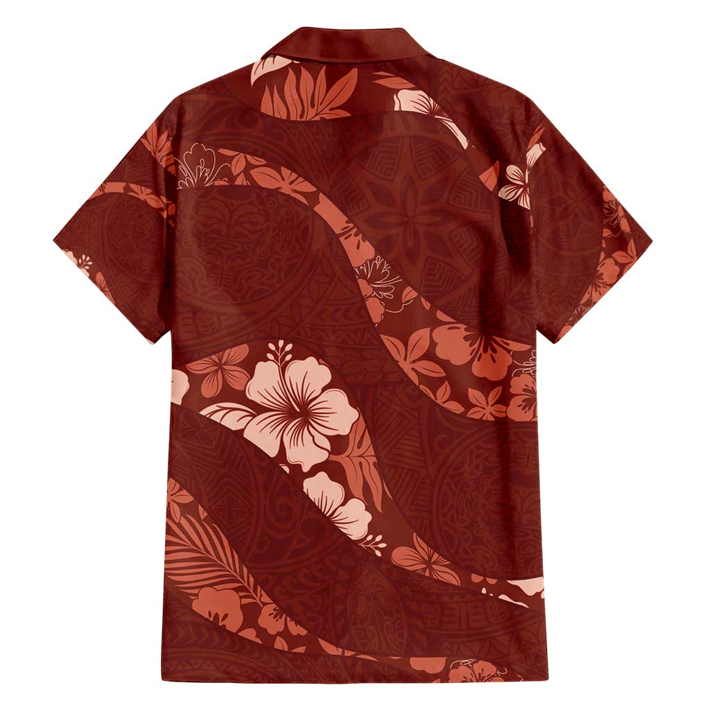 Aloha Hawaii Floral Tapa Family Matching Long Sleeve Bodycon Dress and Hawaiian Shirt Patchwork Crimson LT7 - Polynesian Pride